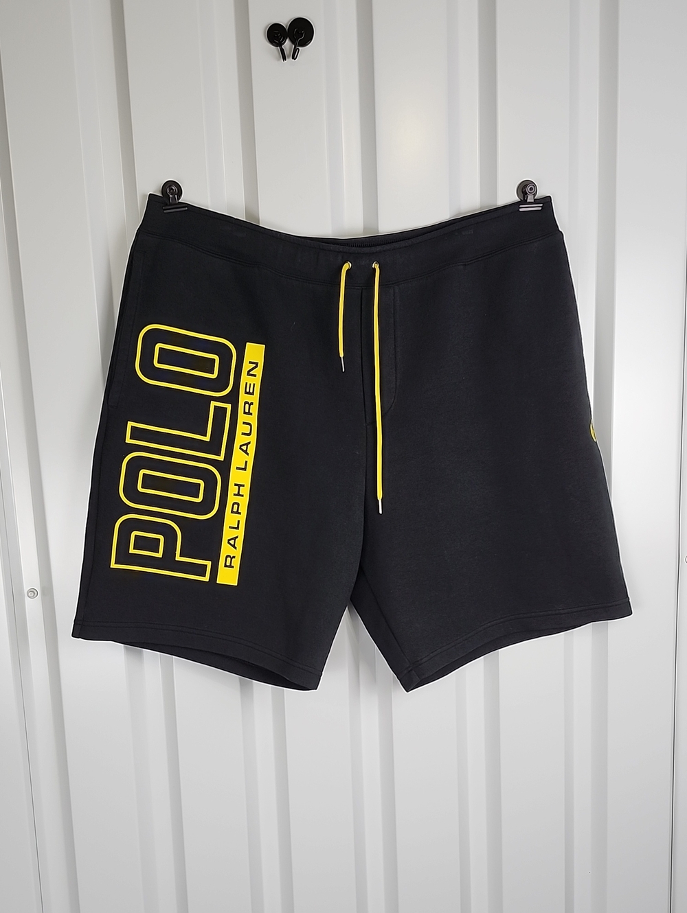 Polo Ralph Lauren Black Double Knit Athletic Shorts Yellow Logo 2XB Pockets EUC